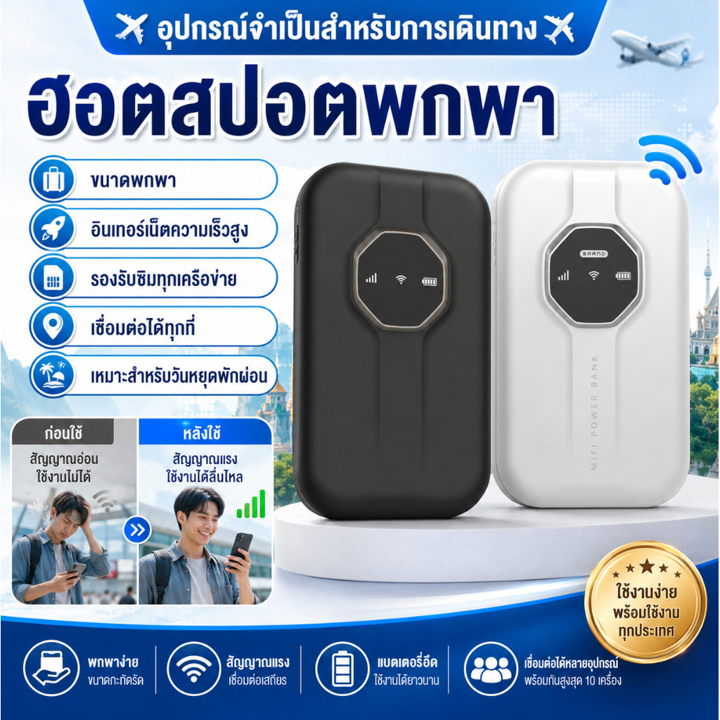 🔁เชื่อมต่อหลายอุปกรณ์🔁 ฮอตสปอตพกพา/เราเตอร์ 4G LTE ขนาดพกพา/เราเตอร์ไร้สายสำหรับเดินทาง รองรับซิมการ์ด ความเร็ว 4G รวดเร็วทันใจ
