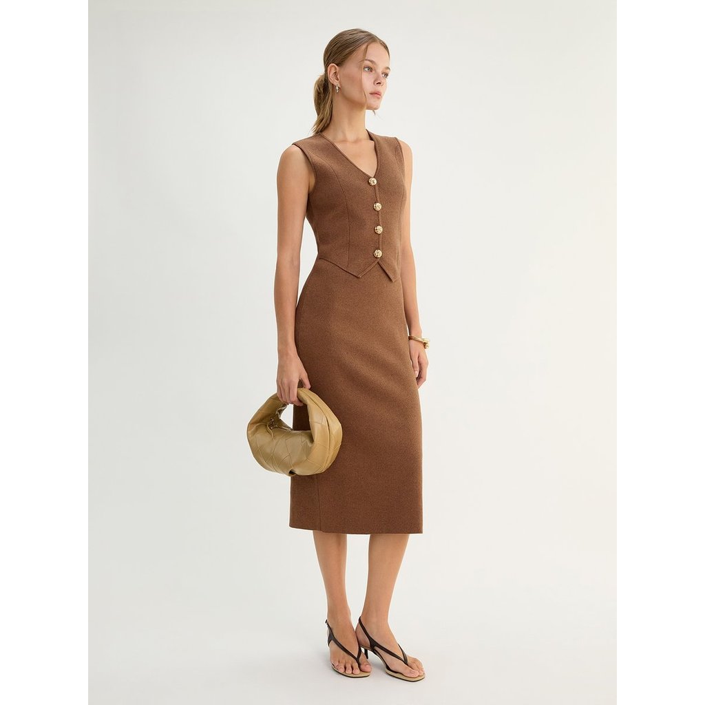 [Pomelo] เดรสยาวปานกลางทรงเข้ารูป / Button Detail Fitted Midi Dress