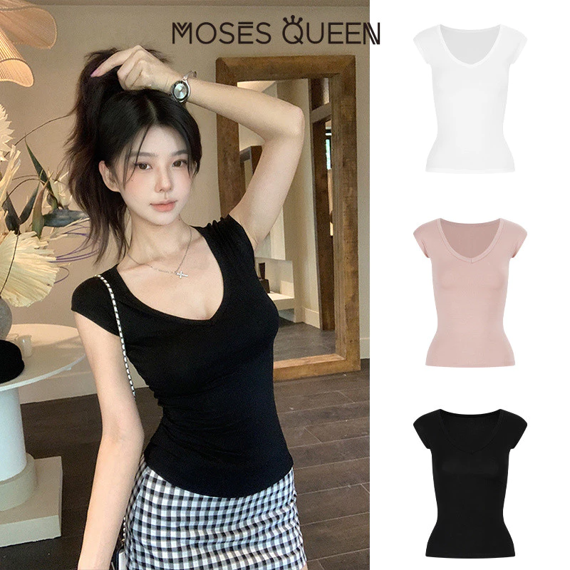 MOSESQUEEN โมเสสควีน เสื้อยืดแขนสั้นคอวีรูปหัวใจสําหรับผู้หญิงในช่วงฤดูร้อนแบบใหม่อเนกประสงค์เข้ารูปใส่แล้วดูผอมแขนสั้น #63740