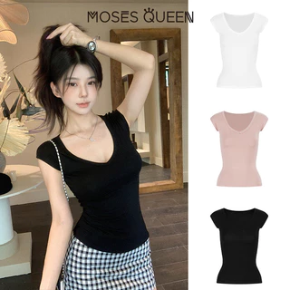 MOSESQUEEN โมเสสควีน เสื้อยืดแขนสั้นคอวีรูปหัวใจสําหรับผู้หญิงในช่วงฤดูร้อนแบบใหม่อเนกประสงค์เข้ารูปใส่แล้วดูผอมแขนสั้น #63740
