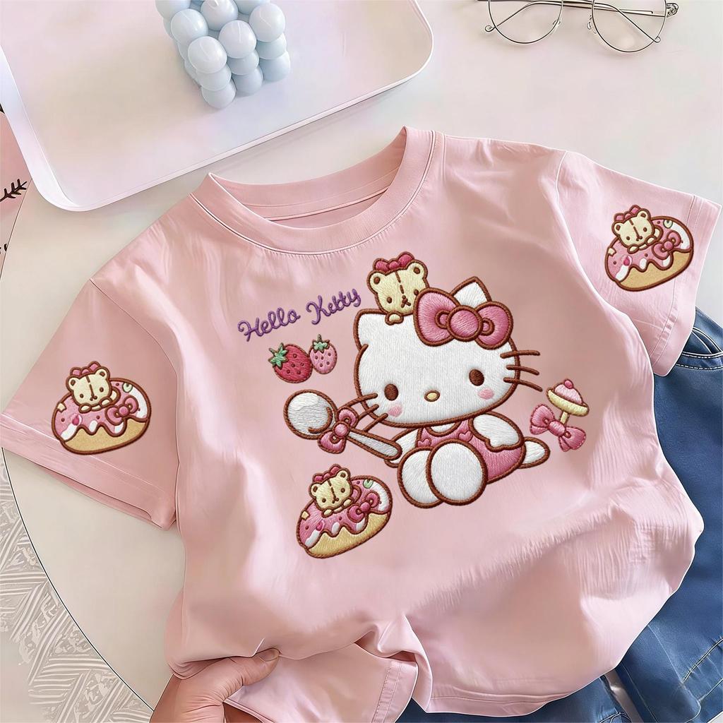 (ส่งเร็ว 24 ชม.)เสื้อยืดเด็กแขนสั้น Hello Kitty ผลิตจากผ้าฝ้าย 100% แฟชั่นฤดูร้อนใหม่ ทันสมัยและคุณภาพสูง พร้อมลายปักเลี