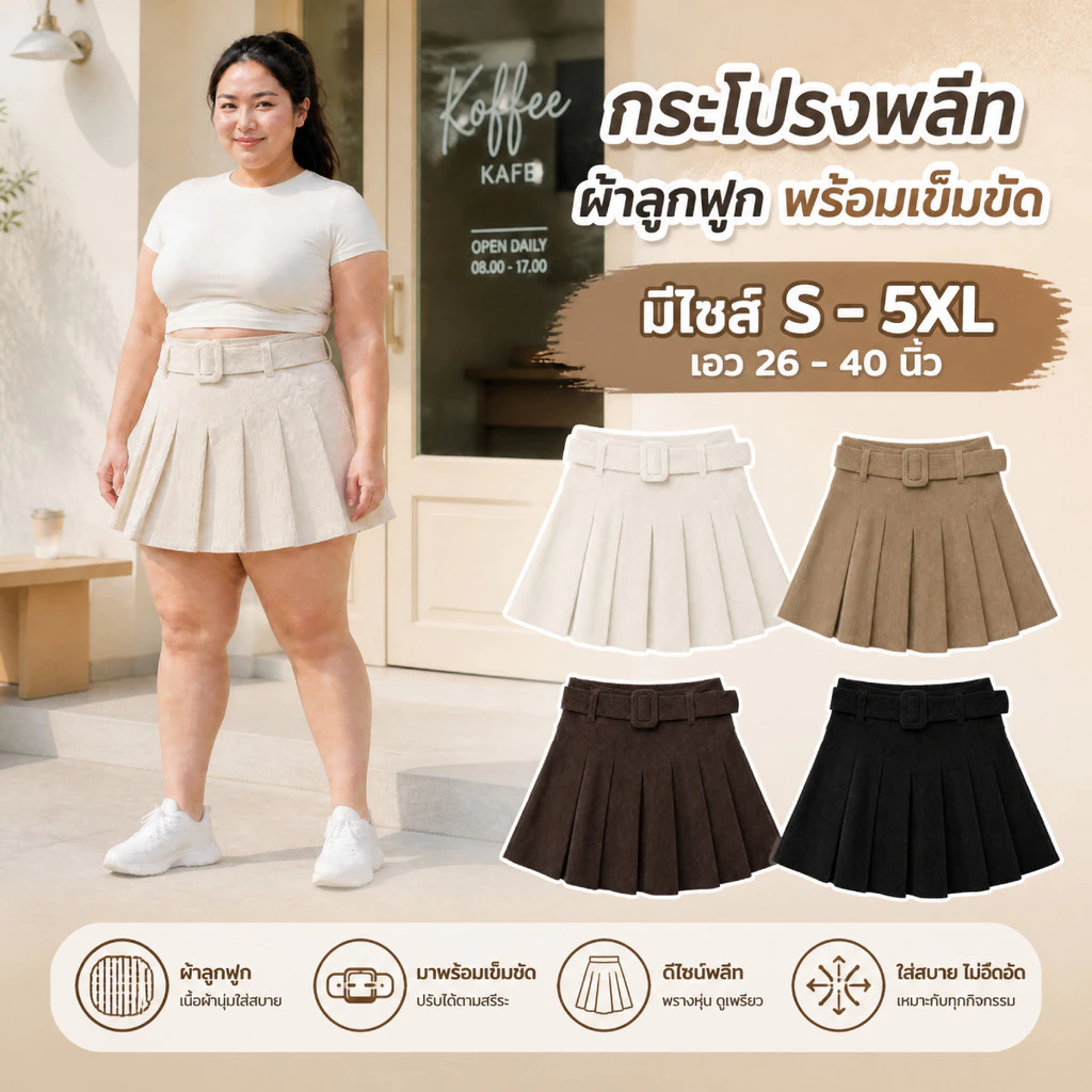 พร้อมส่ง กระโปรงลูกฟูก เอวสูง มีไซส์ S-5XL ซิปข้าง เข็มขัดผ้า จับจีบรอบตัวสีคลุมโทน แฟชั่นสไตล์ Y2K