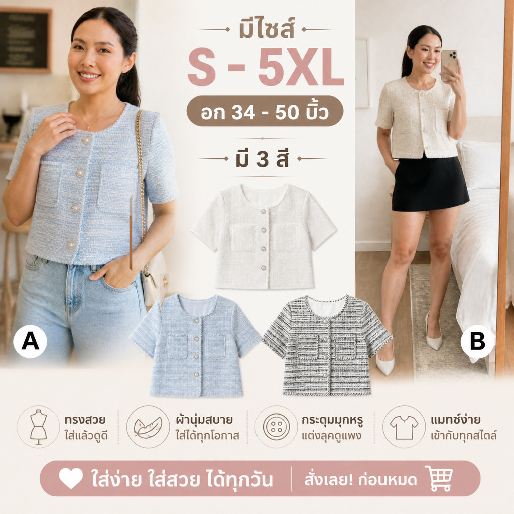 Suysuy พร้อมส่งเสื้อทวิตแขนสั้นคอกลม ไซส์ S-5XL กระเป๋า 2 ข้าง ใช้งานได้จริง กระดุมแต่งมุก เหมาะกับคุณผู้หญิง