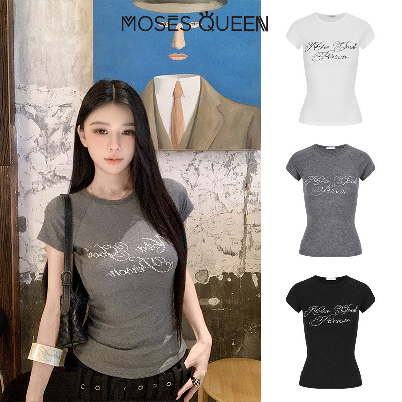 MOSESQUEEN เสื้อท็อปคอกลมคอกลมแขนสั้นประดับเพชรประดับเพชรแบบสั้นสําหรับผู้หญิงฤดูร้อนสไตล์ใหม่เข้ารูปและเข้ารูปเข้ารูป #63770