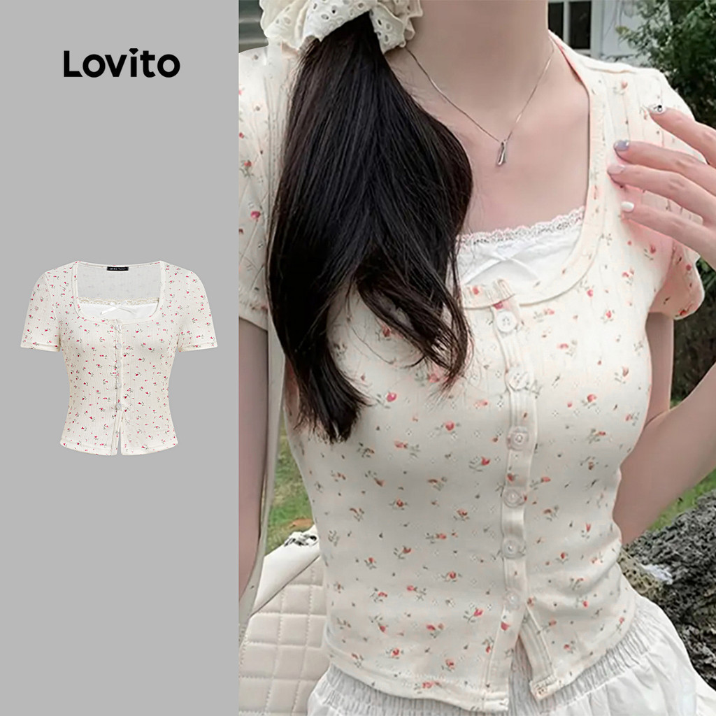 Lovito แคชชวล เสื้อยืดน่ารักปลอม 2in1 ฤดูใบไม้ผลิ/ฤดูร้อน สีขาวงาช้าง สําหรับผู้หญิง LK2AD032