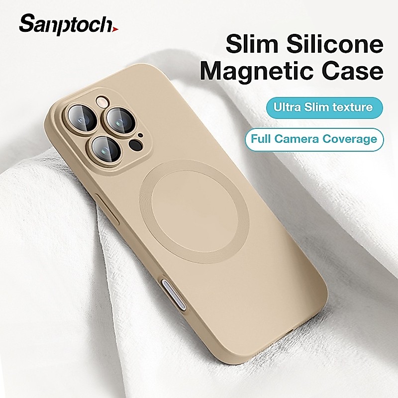 Sanptoch สําหรับเคสโทรศัพท์ซิลิโคนแม่เหล็กสําหรับ iPhone 16 / 15 / 14 / 13 / 12 Pro Max ผิวปกอ่อนกันกระแทกแขนป้องกันในตัวเลนส์แก้ว