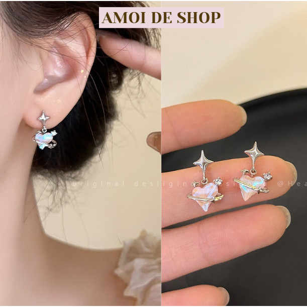 Sweetheart~Spring Sweetheart Y2K เกาหลี Ins Heart Starlight Zircon ต่างหู 925 เข็มเงิน Korean INS 风 
