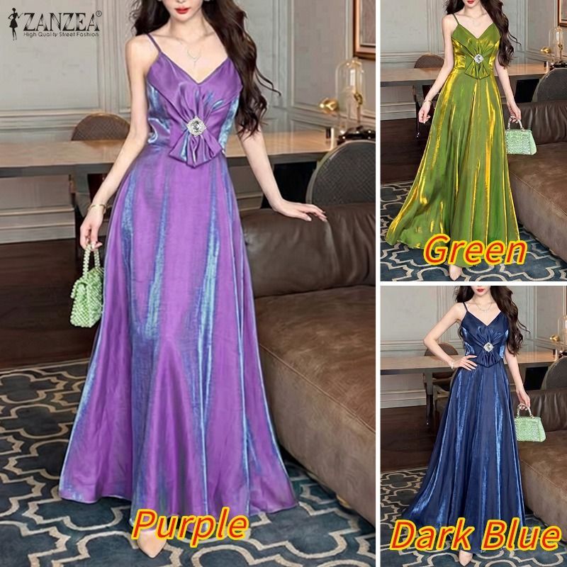 ZANZEA ผู้หญิงชุดราตรีเกาหลี V คอเพชร Embellish Bows ออกแบบแขนกุดผ้ามัน Maxi Slip Dresses — صورة 3