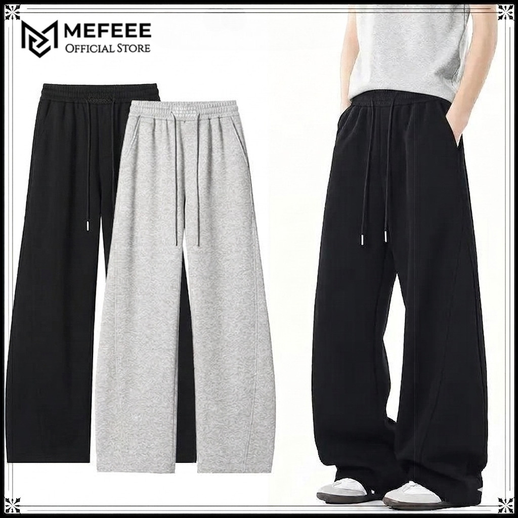 MEFEEE Unisex American Curved Blade กางเกงขากว้างผู้ชาย Casual Loose Sweatpants Basic สีดําสีเทา