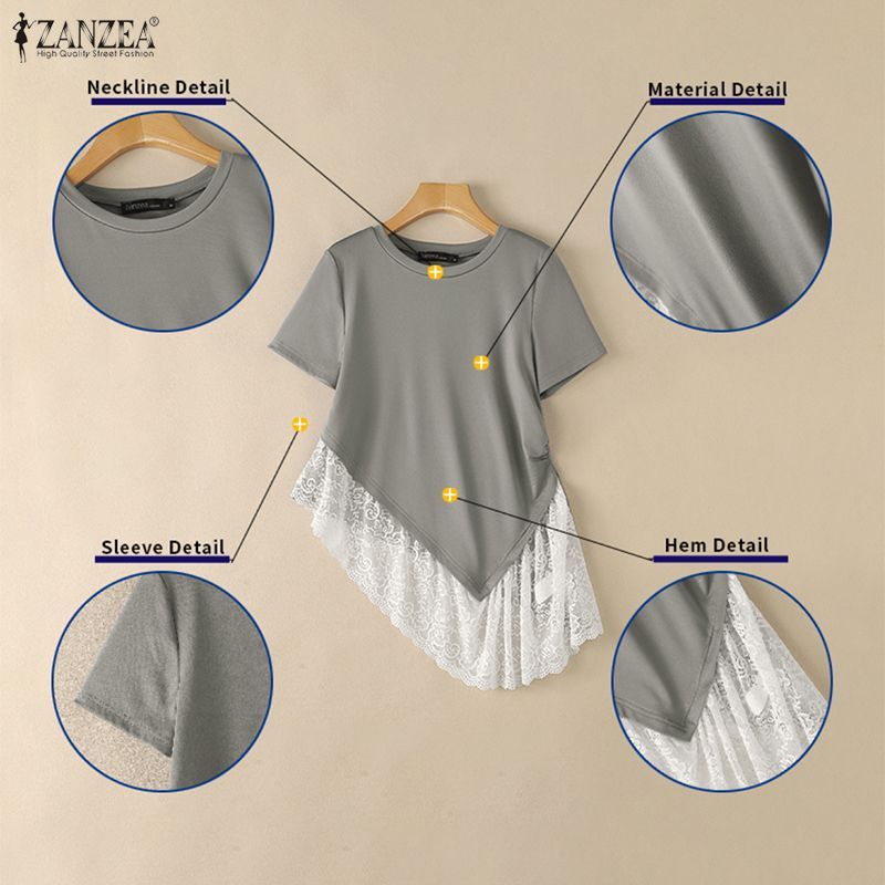 ZANZEA แขนสั้นคอกลมลําลองเกาหลีสําหรับผู้หญิงพร้อมเสื้อเฮ็มไม่สมมาตร — صورة 7