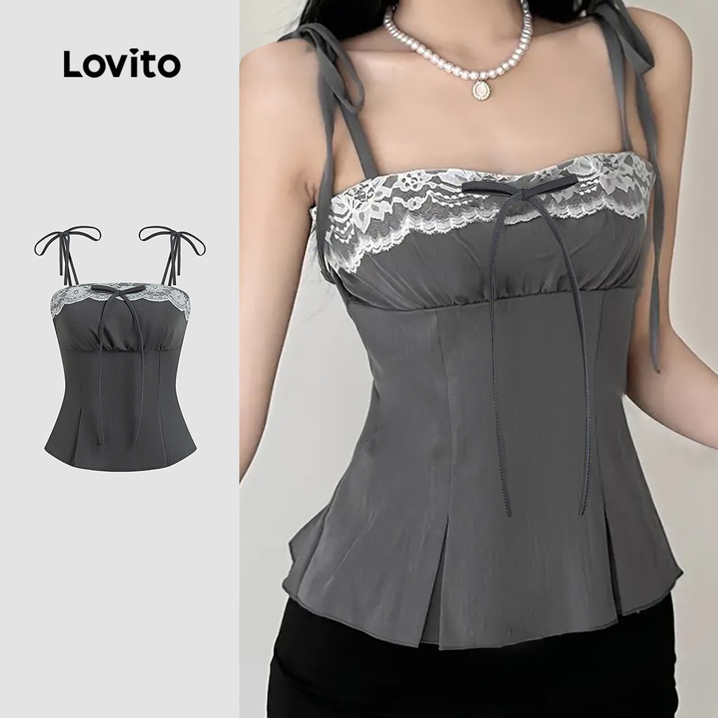 Lovito แคชชวล เสื้อน่ารัก ท็อปลูกไม้จีบระบาย ฤดูใบไม้ผลิ/ฤดูร้อน สีเทา สําหรับผู้หญิง LK2AD1144