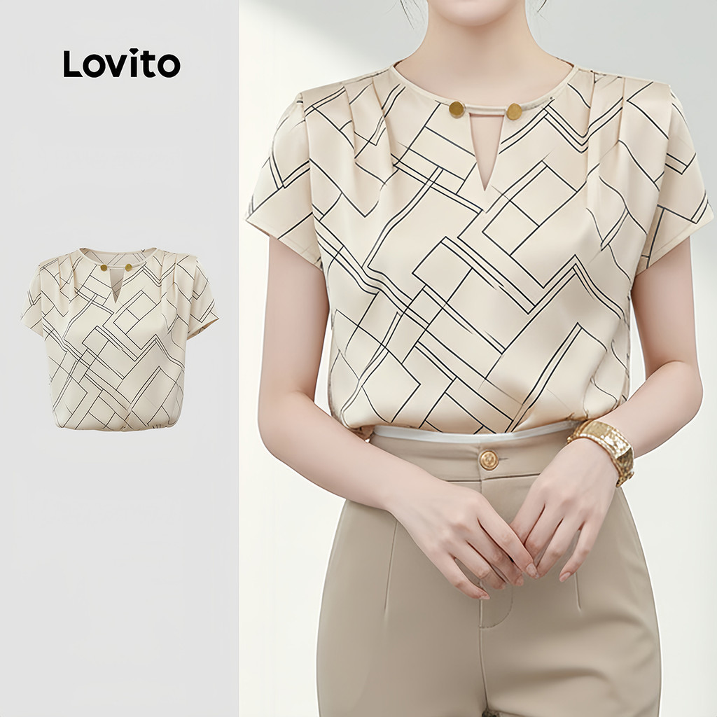 Lovito เสื้อเบลาส์ผู้หญิงสีน้ําเงินแบบ กระดุมเก๋ไก๋ เหมาะสําหรับฤดูใบไม้ผลิ/ฤดูร้อน L34LD036