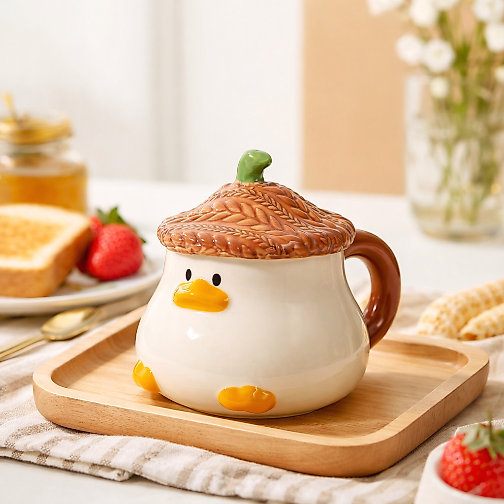 แก้วเป็ดน้อยน่ารัก พร้อมฝาปิดและช้อน | แก้วกาแฟเซรามิคสไตล์มินิมอล