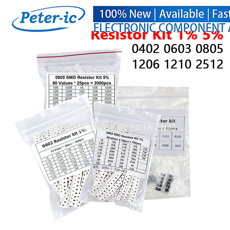 200PCS 660PCS 720PCS 4000PCS 0402 0603 0805 1206 1210 2512 SMD Resistor Kit 1% 5% 0.1 0.22 1 10 47 100 220 KR โอห์ม