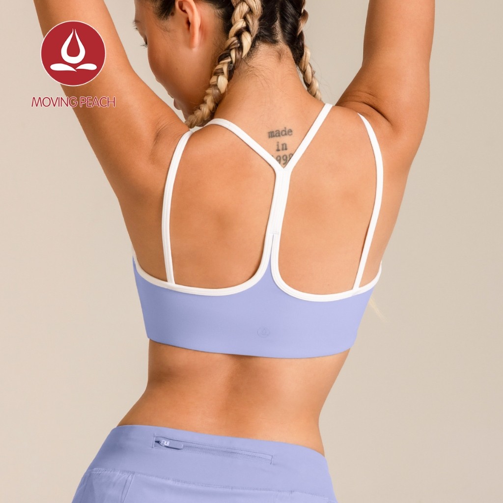 MOVING PEACH เสื้อชั้นในกีฬาสำหรับผู้หญิง สายคู่บาง สีตัดกัน เสื้อโยคะ ระบายอากาศได้ดี มีคัพทรงกระชับ ออกกำลังกาย เต้นรำ สวมใส่ได้ทุกวัน BBP