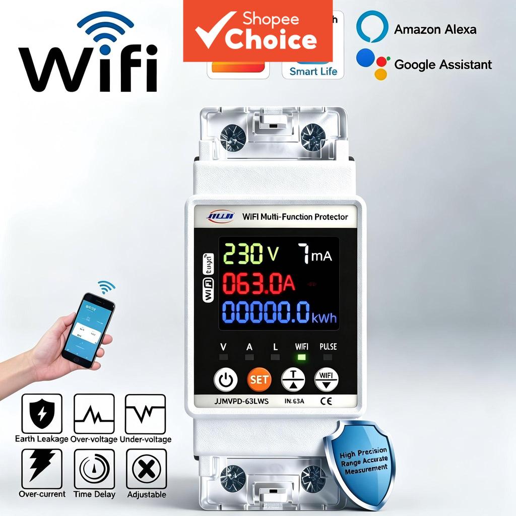 Smart Breaker สวิตช์อัจฉริยะ Jiuji WiFi Circuit Breaker 63A สําหรับ Tuya Energy Meter Timer พร้อมแรงดันไฟฟ้าและการรั่วไหล