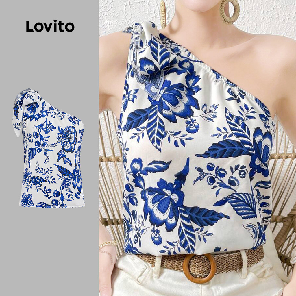 (New) Lovito เสื้อท็อปโบโฮดีไซน์ไม่สมมาตรสีน้ำเงินสำหรับผู้หญิง L150AD789