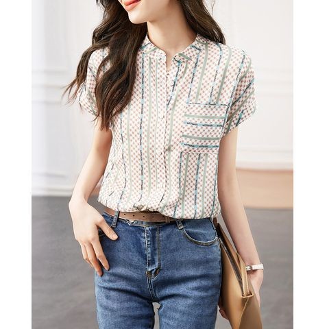เสื้อเชิ้ตแขนสั้นลายตารางและริ้ว สำหรับฤดูร้อน ทรงคอกลม ใส่ง่ายดาย