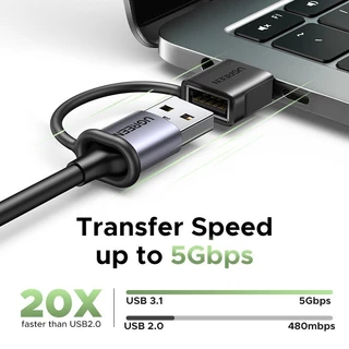UGREEN อะแดปเตอร์ USB 3.1 USB-A เป็น USB-C พร้อมห่วงแขวน ความเร็ว 5Gbps รองรับ QC18W รุ่น 65560