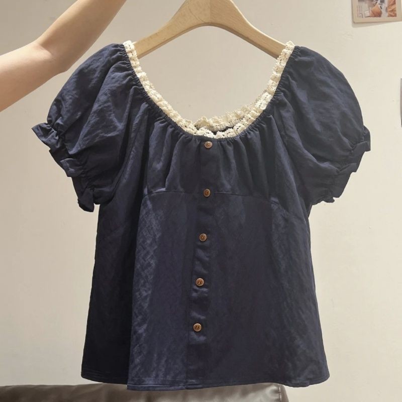 เสื้อยืดผู้หญิง สไตล์ฝรั่งเศสรetro คอนีลูกไม้ การออกแบบบางเบา