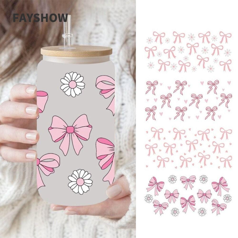 FAYSHOWTH Wrap Stickers, Waterproof UV DTF Transfer Stickers, Smooth Pink Bow Decals สําหรับถ้วยแก้ว