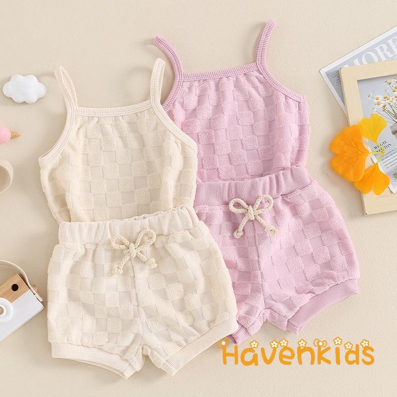HaK-Little Girls Summer Shorts Set Checkerboard Print Camisole Drawstring Shorts Set 0-3 Years