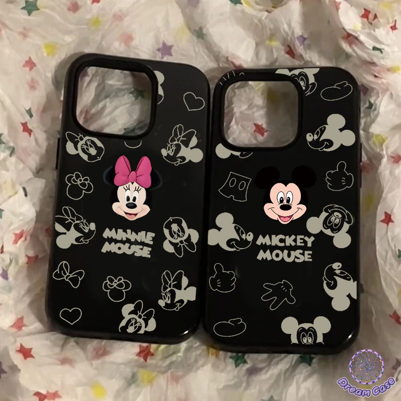 เคสไอโฟน 11 คู่รักมิกกี้มินนี่เมาส์พื้นผิวมันวาว สำหรับ IPhone 13 11 14 15 12 16 Pro Max 7 16 8 Plus XS Max XR X SE 2 3