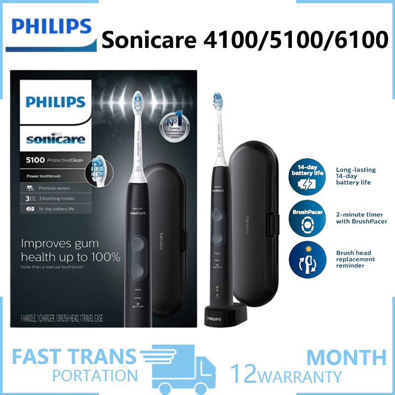 Philips Sonicare ProtectiveClean 4100/5100/6100 สุขภาพเหงือก แปรงสีฟันไฟฟ้าแบบชาร์จไฟได้พร้อมเซ็นเซอร์แรงดัน