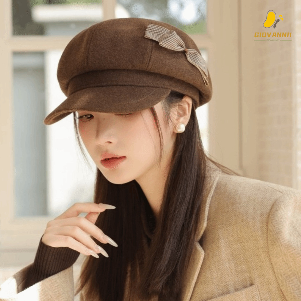 GIOVANNI1 Bow Beret, Wool Warm Newsboy Hat, Retro Solid Color Korean Style Y2k Painter Hat Girls