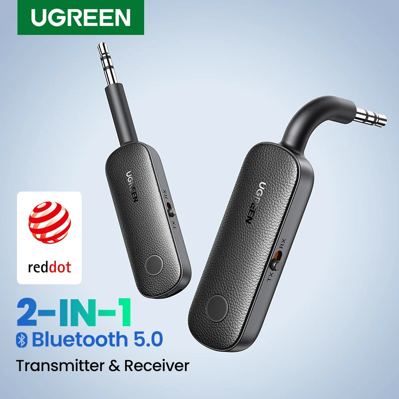 UGREEN 2-in-1 อะแดปเตอร์บลูทูธเครื่องส่งสัญญาณบลูทูธ AUX 5.0 ไร้สาย 3.5 มม.อะแดปเตอร์สเตอริโอสําหรับหูฟังทีวีเครื่องเสียงรถยนต์