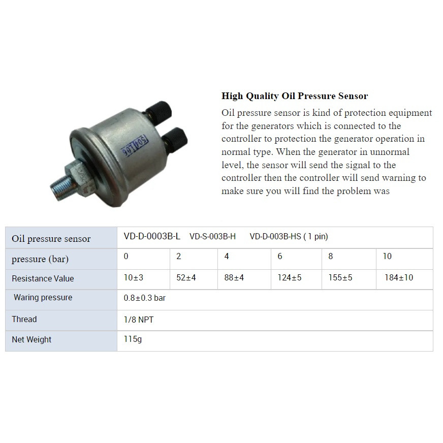 Universal VDO เซ็นเซอร์ความดันน้ํามัน 1/8NPT 10 มม.0-10BAR สําหรับเครื่องกําเนิดไฟฟ้าดีเซล Part - รูปที่ 5