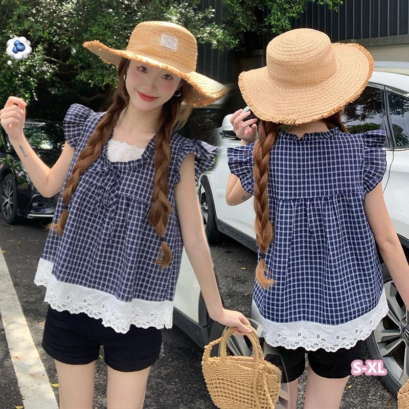 🌻Grace🌻 เสื้อเชิ้ตแขนสั้นลายสก๊อตสองชิ้นปลอม OOTD มีไซส์ใหญ่สำหรับผู้หญิงฤดูร้อน ชายเสื้อลูกไม้ เสื้อเด็ก 99172