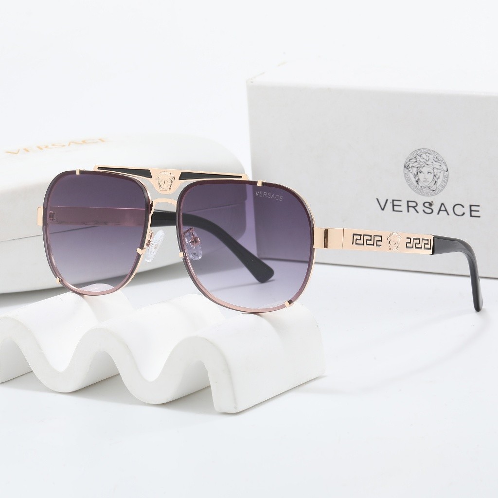Versace Aviator แว่นกันแดดกรอบโลหะ Beauty Head Logo แว่นกันแดดขับรถ sk
