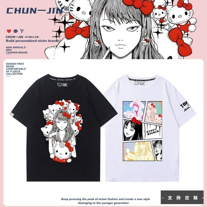 เสื้อยืดผู้ชายและผู้หญิง Ito Junji x Sanrio Hello Kitty และ Tomie ออกแบบสองมิติแขนสั้นจากฝ้ายบริสุทธ