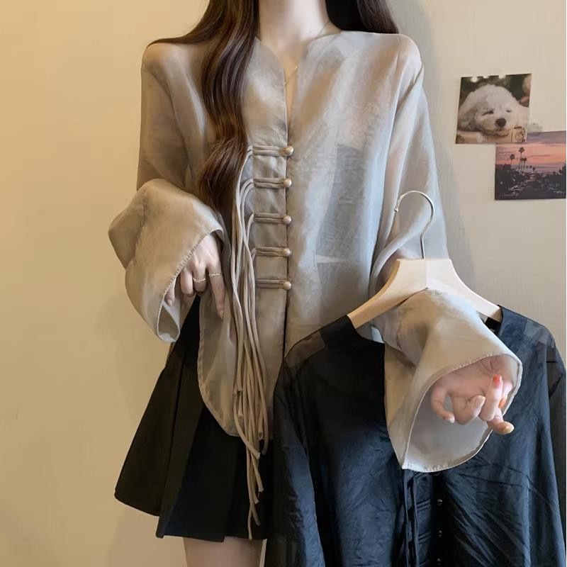เสื้อเชิ้ตกันแดดคอวีกระดุมสไตล์จีน ผ้าทูล สำหรับผู้หญิงไซส์ใหญ่ อ้วน MM ไฮเอนด์ หลวม เสื้อแจ็คเก็ตกระชับสัดส่วน#99163