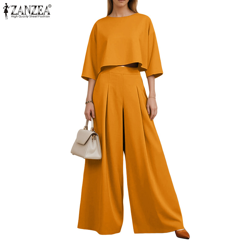 ZANZEA ชุดทำงานสำหรับผู้หญิง แขน3/4และเอวสูง กางเกงขากว้าง เหมาะสำหรับออฟฟิศ — صورة 6