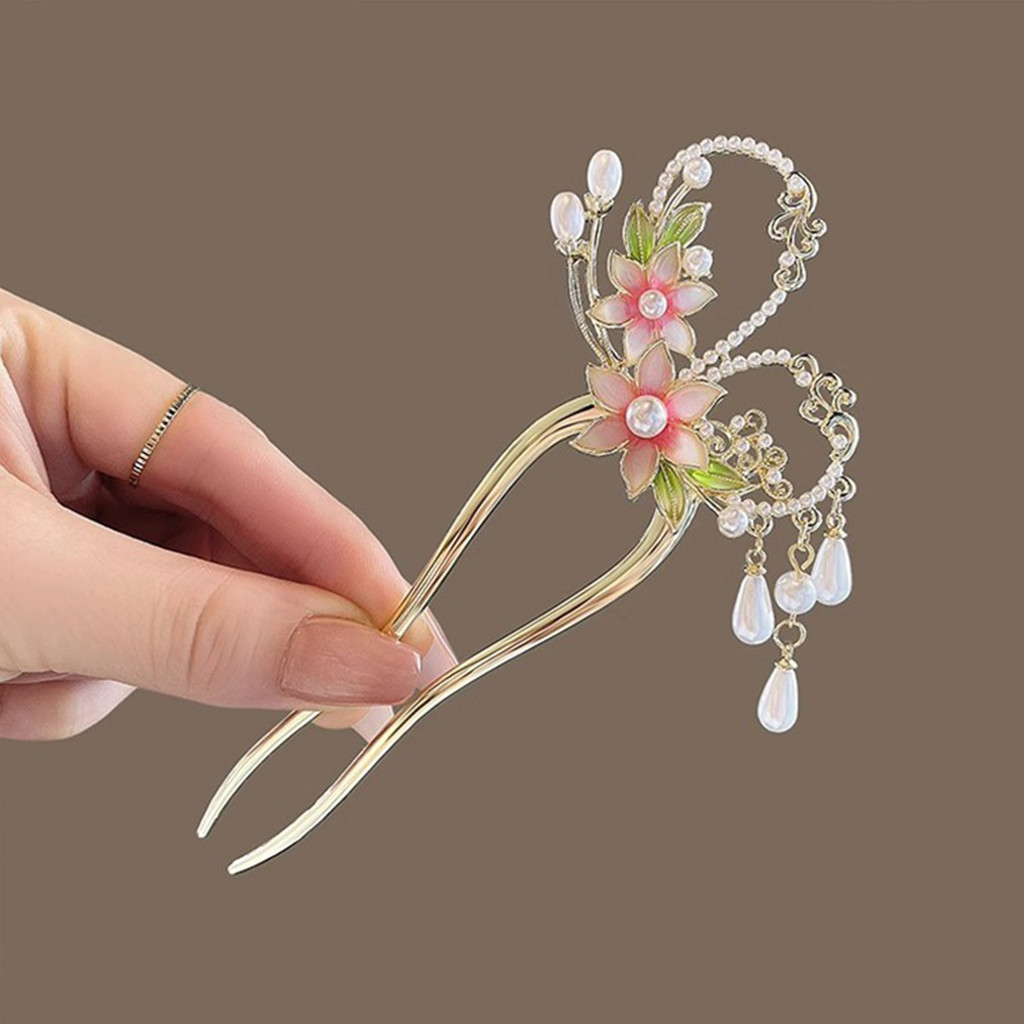 Peony U-shape Hairpin ทรงดอกไม้สีชมพูแบบจีน เครื่องประดับผมสำหรับงานปาร์ตี้
