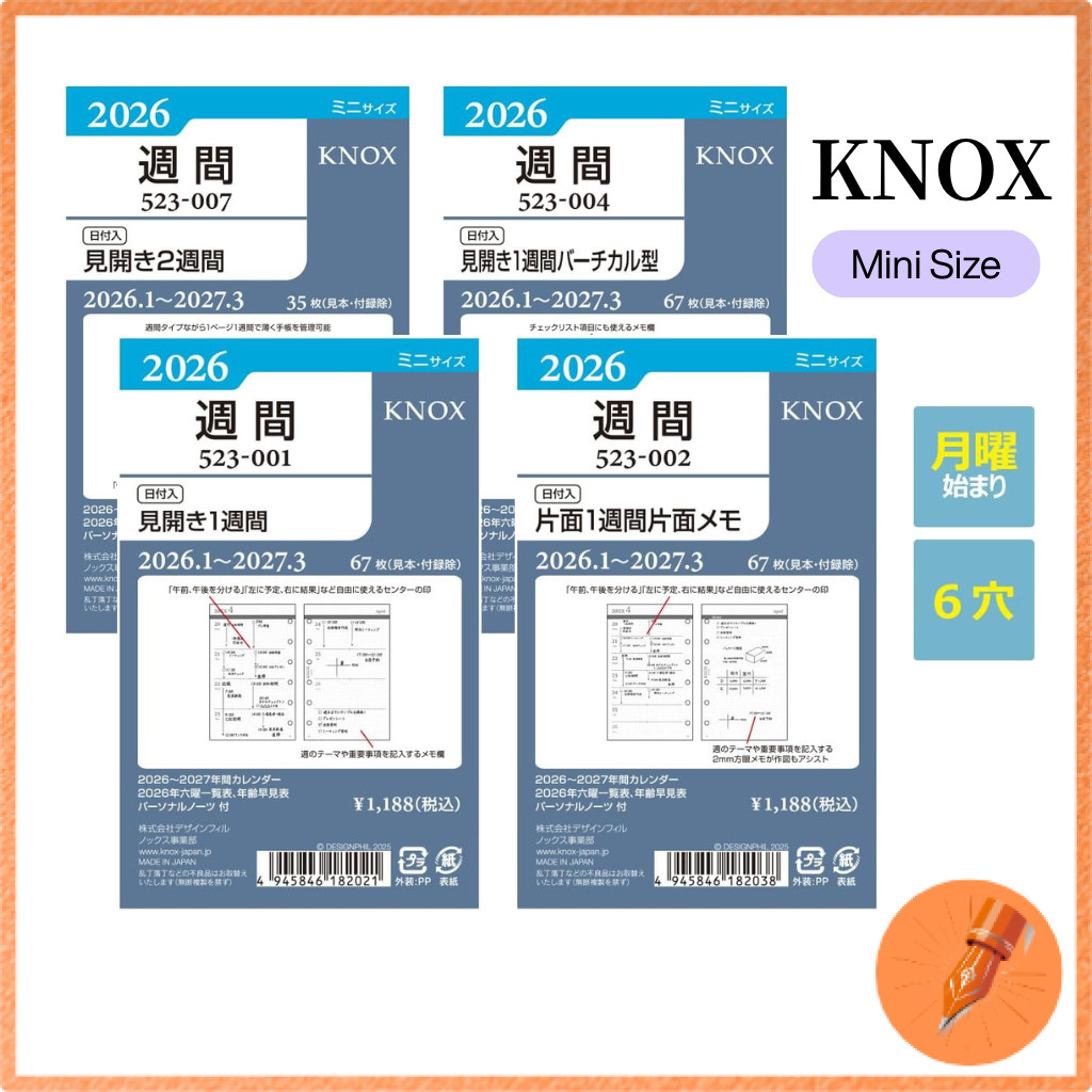 Knox System Planner Refills Mini Weekly 2026 Year