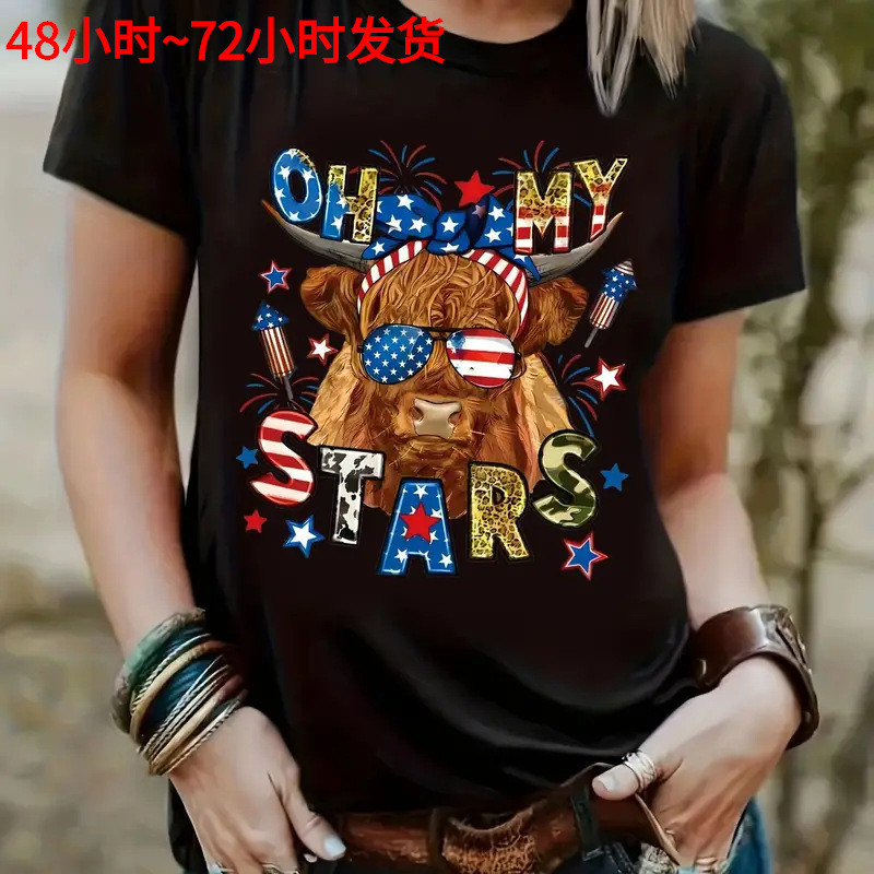 T欧码 yyt Cross-border_ CrewNEW CowshirtDayPrint 2025Neck Independence FBPQ