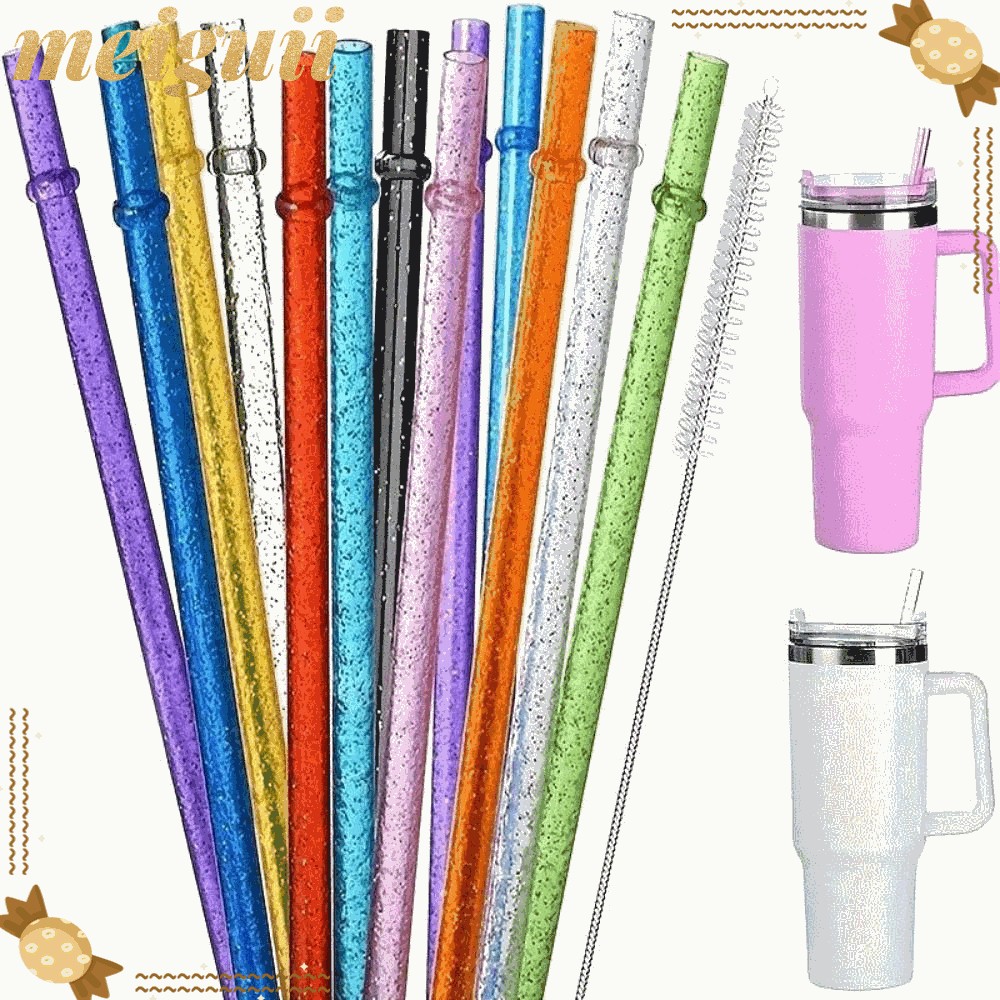 MEIGUII 1PC ผงทองหลอดพลาสติก,Reusable Car Travel Cup Straw Glitter Straw, พร้อมแปรงทําความสะอาดแบบพก