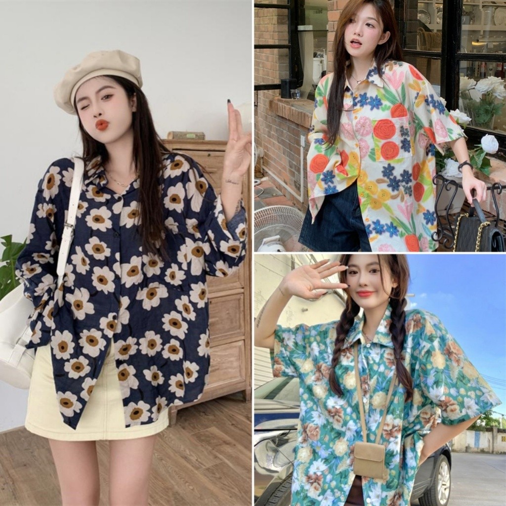Bella shop เสื้อลายดอกไม้สำหรับผู้หญิงคอวีย้อนยุคแขนสั้นลำลอง สไตล์วันหยุดสไตล์ขี้เกียจเสื้อเชิ้ตแขนสั้นหลวม