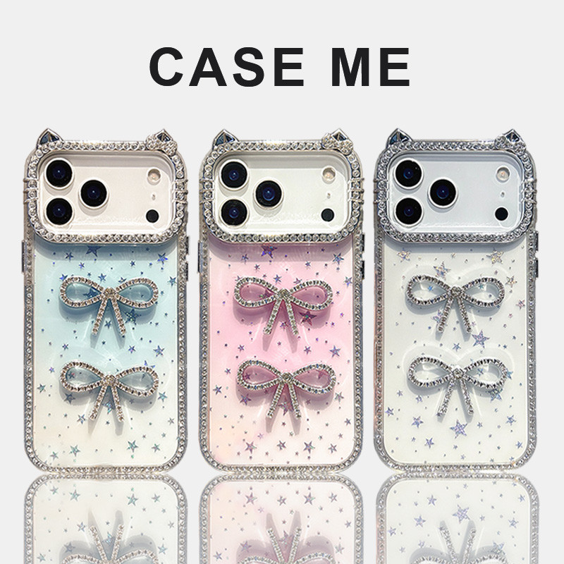 3D เกาหลีลูกแมวหู Bowknot Gradient อะคริลิคโทรศัพท์มือถือสําหรับ iPhone 17 16 15 14 Plus 13 12 11 Pro Max Dirt ทน Clear ฝาหลัง Shell