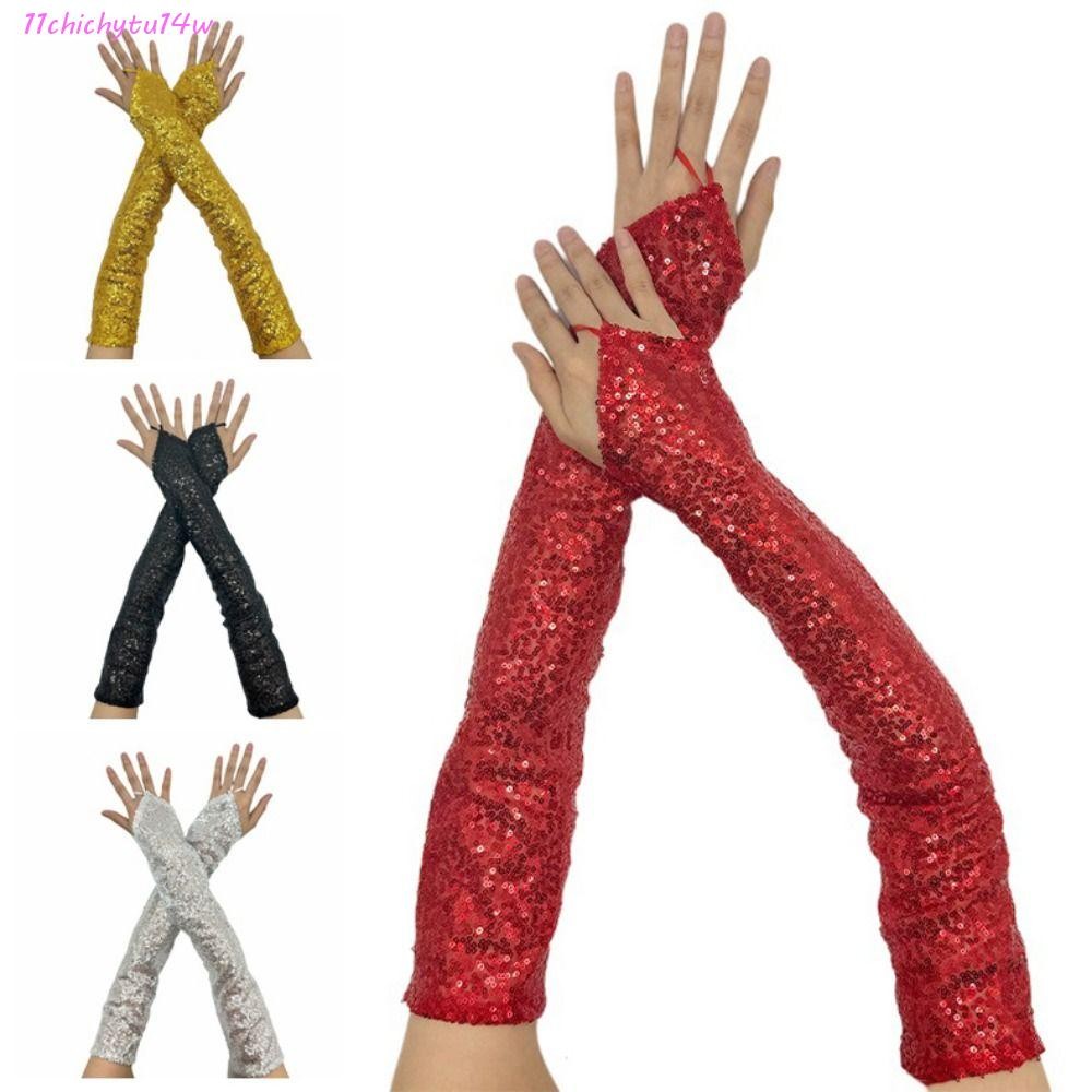 CHICHYTU14W ถุงมือเลื่อม fingerless สะท้อนแสง สำหรับคอสเพลย์และแฟชั่น
