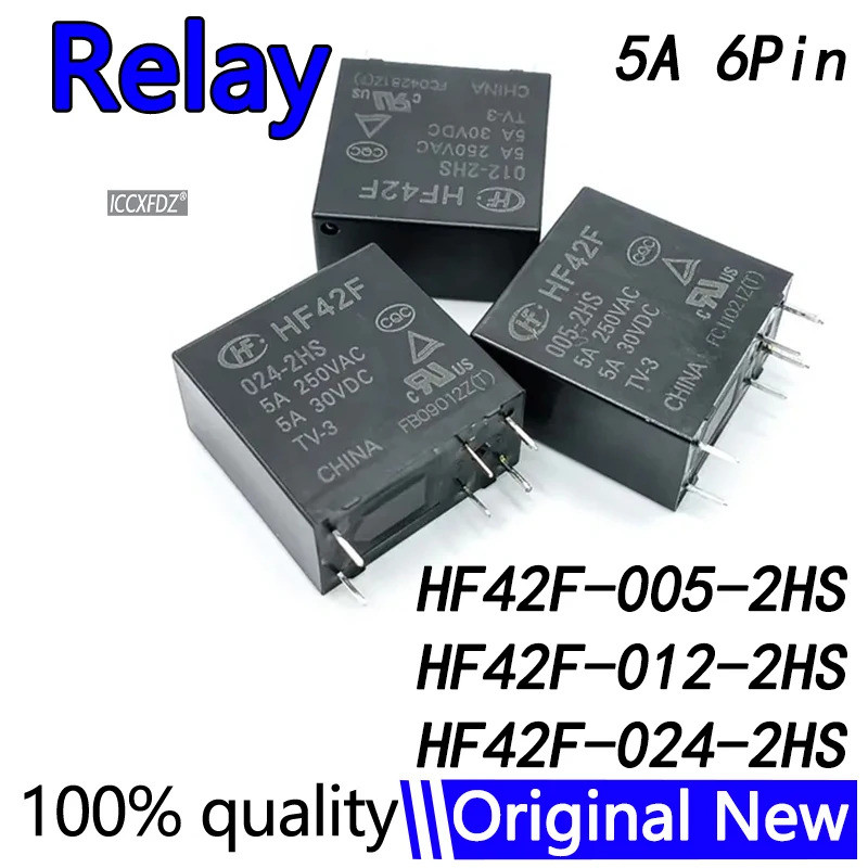5PCS HF42F 005 012 024 -2HS 5A 6Pin 250VAC รีเลย์ 5V 12V 24VDC HF42F-005-2HS HF42F-012-2HS HF42F-024