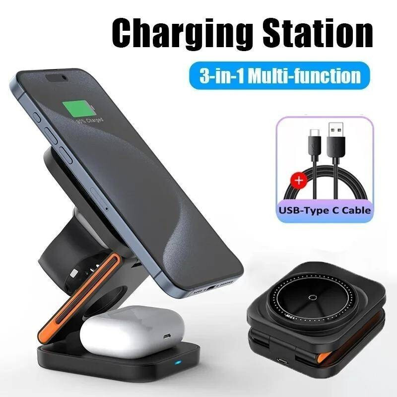 30W 3 in 1 สถานีชาร์จพับได้ Fast Magnetic Charger สําหรับ 15 14 13 12 Apple Watch 8 7 6 Airpods ProH