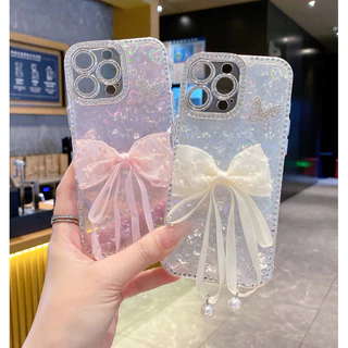 3ง วางลูกไม้ริบบิ้นโบว์ไล่โทนสีรูปหัวใจเคสแข็งสําหรับ ไอโฟน 11 12 13 14 15 16 17 มือโปร สูงสุด ปลอกเจาะน้ํากรณีป้องกันขอบสําหรับ ไอโฟน17