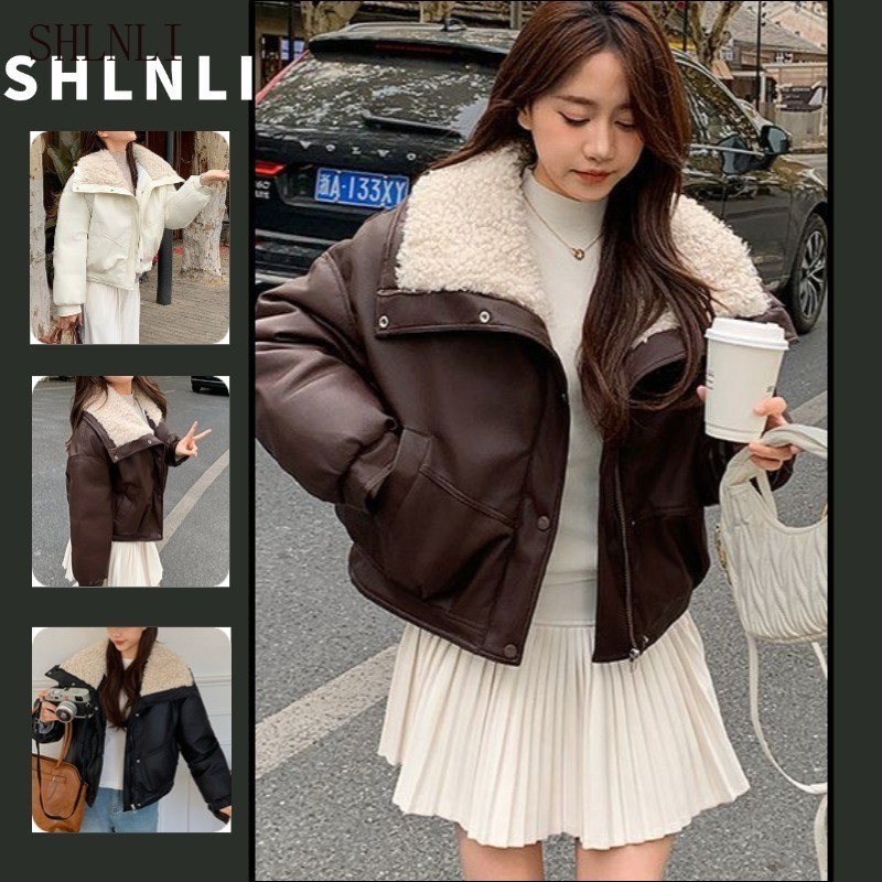 แจ็คเก็ตหนังสั้นสำหรับผู้หญิง สไตล์อเมริกันย้อนยุคสีทึบ เหมาะสำหรับฤดูใบไม้ร่วงและฤดูหนาว