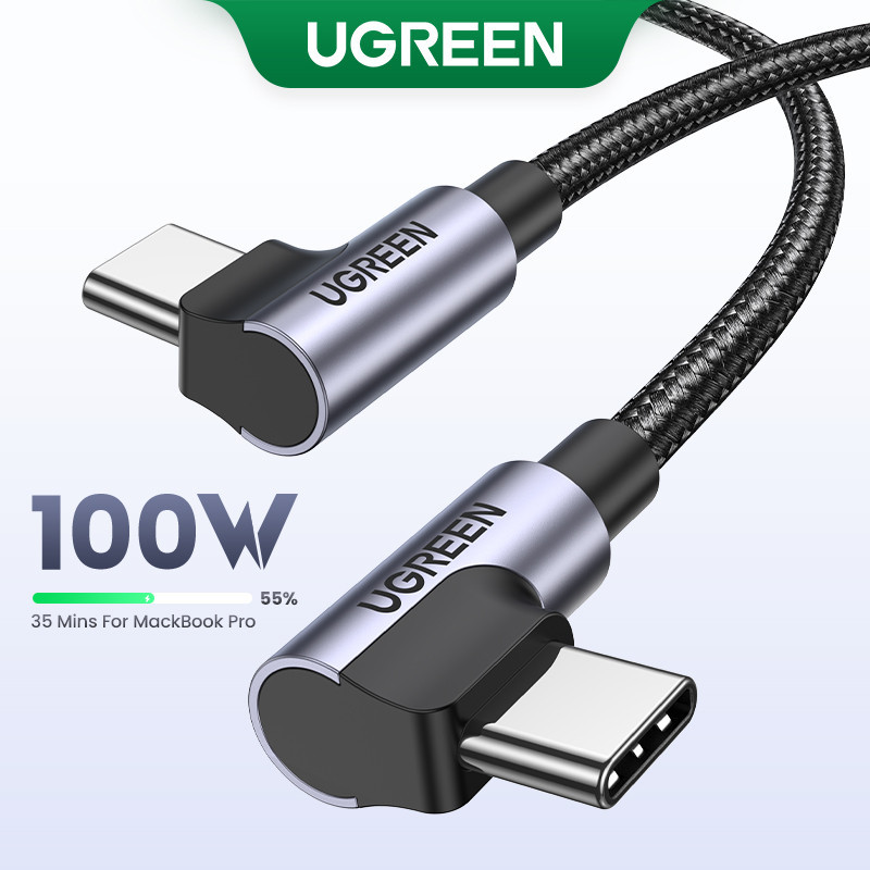 UGREEN 100W 5A สาย USB C ถึง USB C มุมขวา PD Fast Charge Type C 90 องศาสายเคเบิลข้อมูล