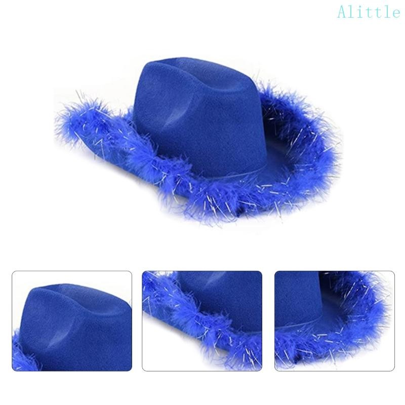 Alia Feather Furry Trim หมวก Cowgirls หมวก Fedoras Bachelorette หมวกปาร์ตี้เจ้าสาว