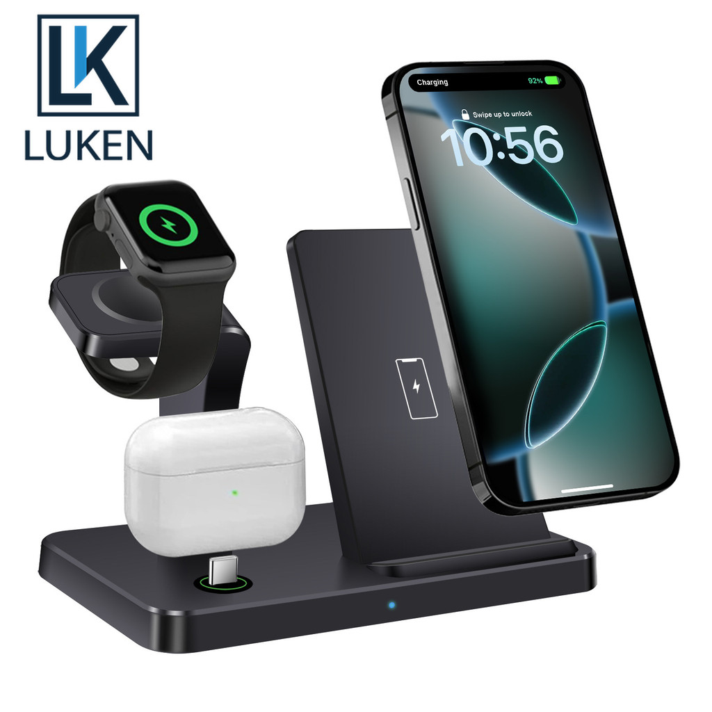 LUKEN แท่นชาร์จไร้สาย 15W 4 in 1 Qi Fast Wireless Charger Station สําหรับ Apple Watch Airpods Pro iWatch